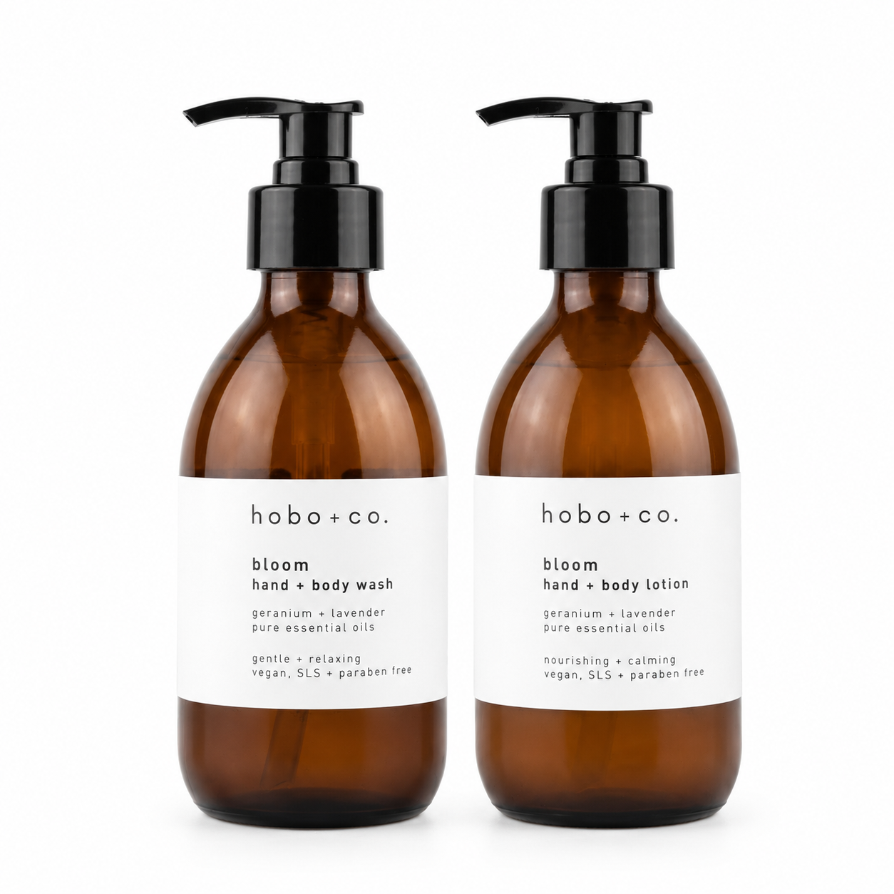 BLOOM rose geranium, lavender and sweet orange hand and body wash and lotion gift set by Hobo + Co., two 250ml amber glass bottles.