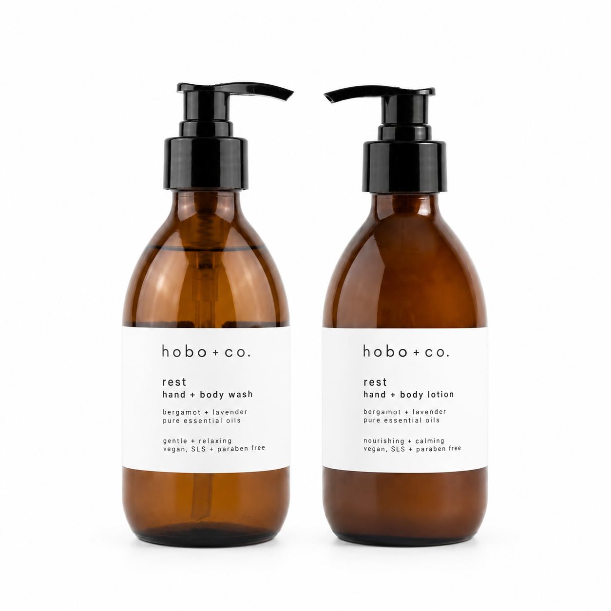 REST lavender and bergamot hand and body wash and lotion gift set by Hobo + Co., two 250ml amber glass bottles