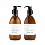 REST lavender and bergamot hand and body wash and lotion gift set by Hobo + Co., two 250ml amber glass bottles