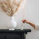 balsam fir reed diffuser on a black mantlepiece with reeds being placed into the bottle with a white background