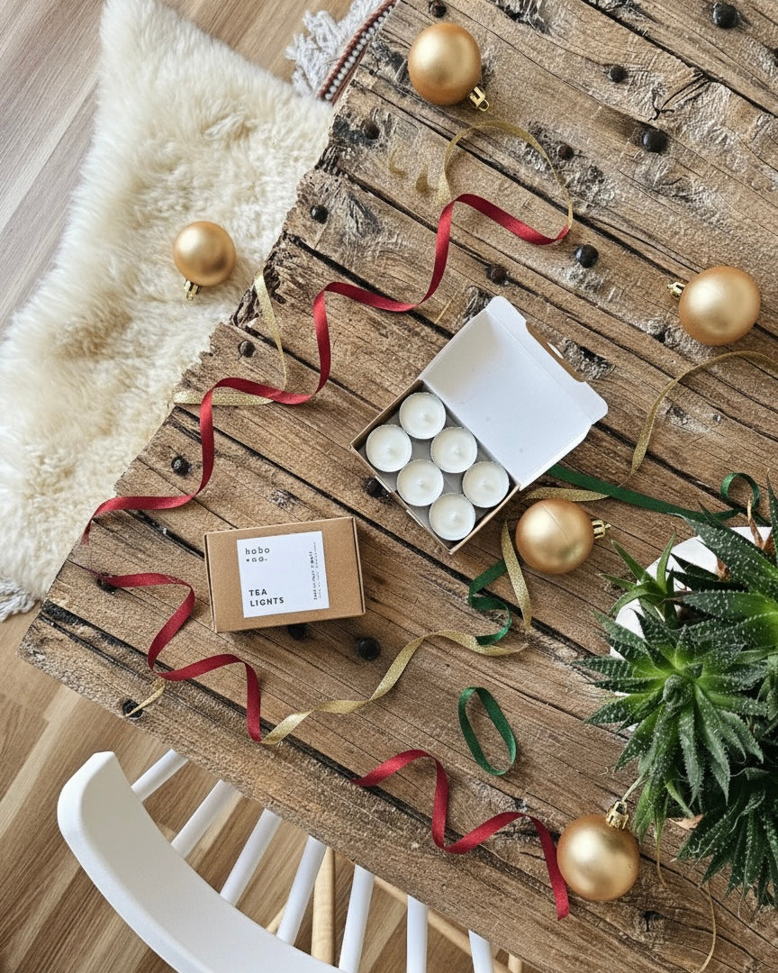 A fetsive tealight gift box on a rustic table with gold christmas baubles and ribbons