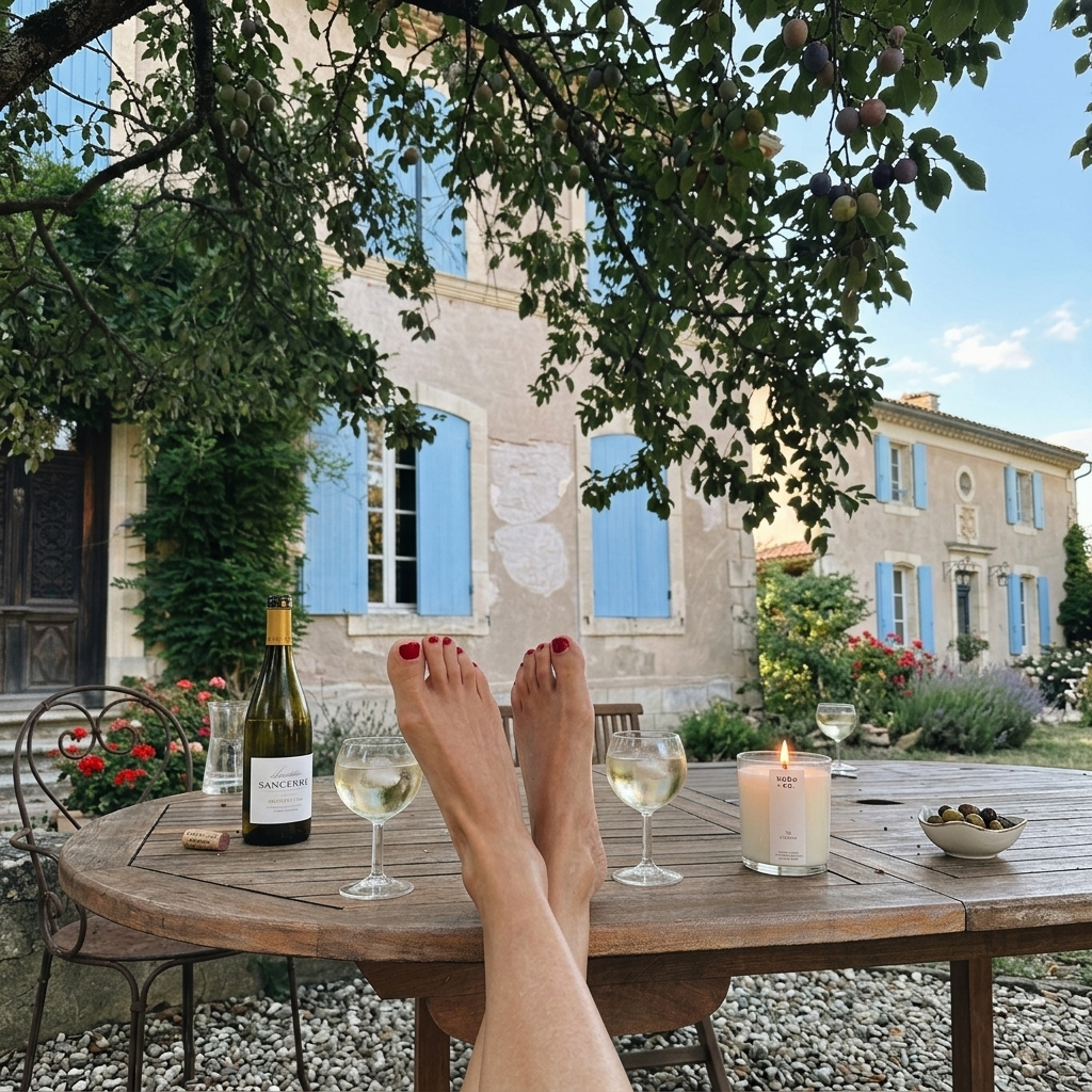 lit fig candle on a summer drinks table