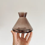 Hand holding a smoked glass diffuser bottle or vase against a plain background