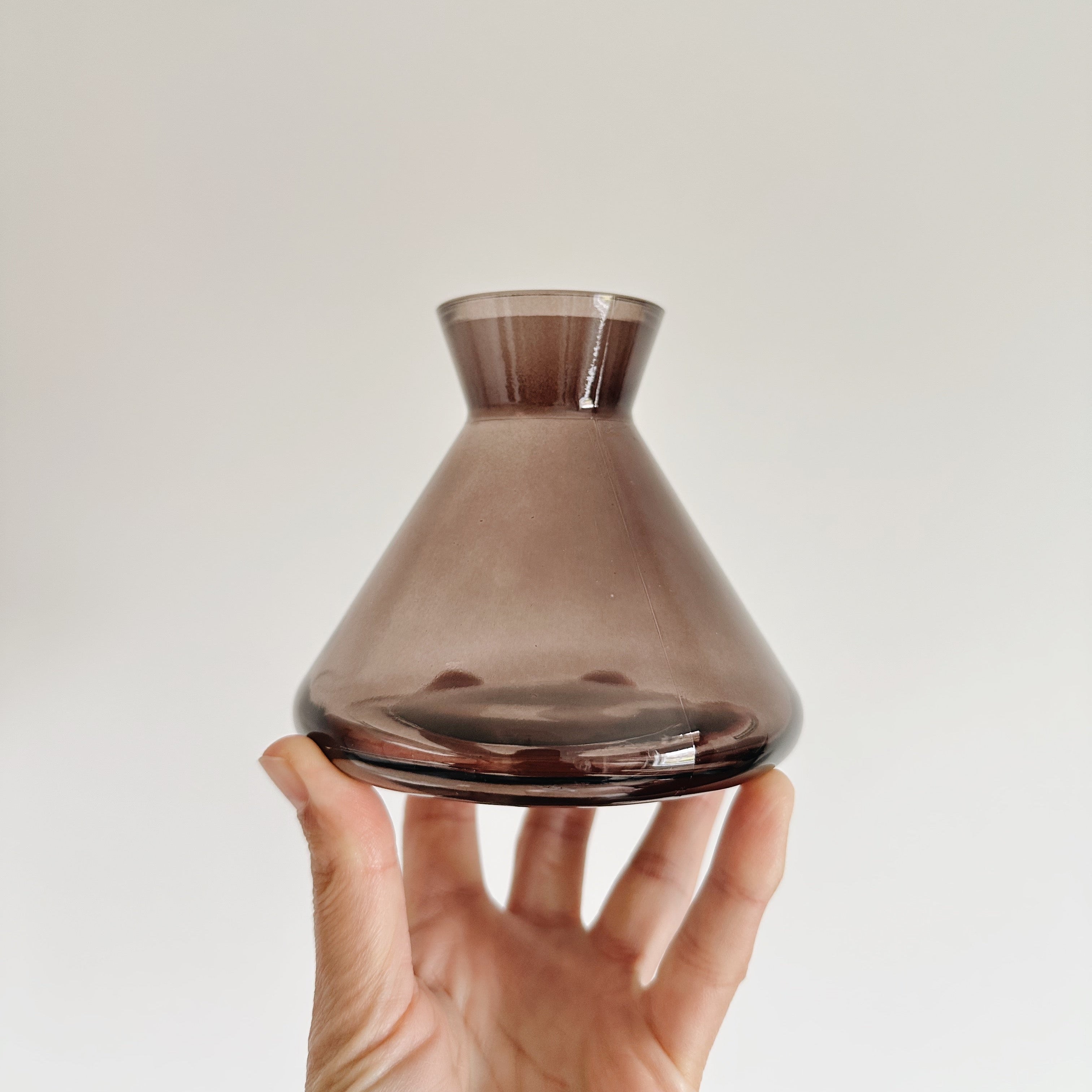 Hand holding a smoked glass diffuser bottle or vase against a plain background