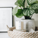 Potted plant and candle on a woven tray with a blurred background